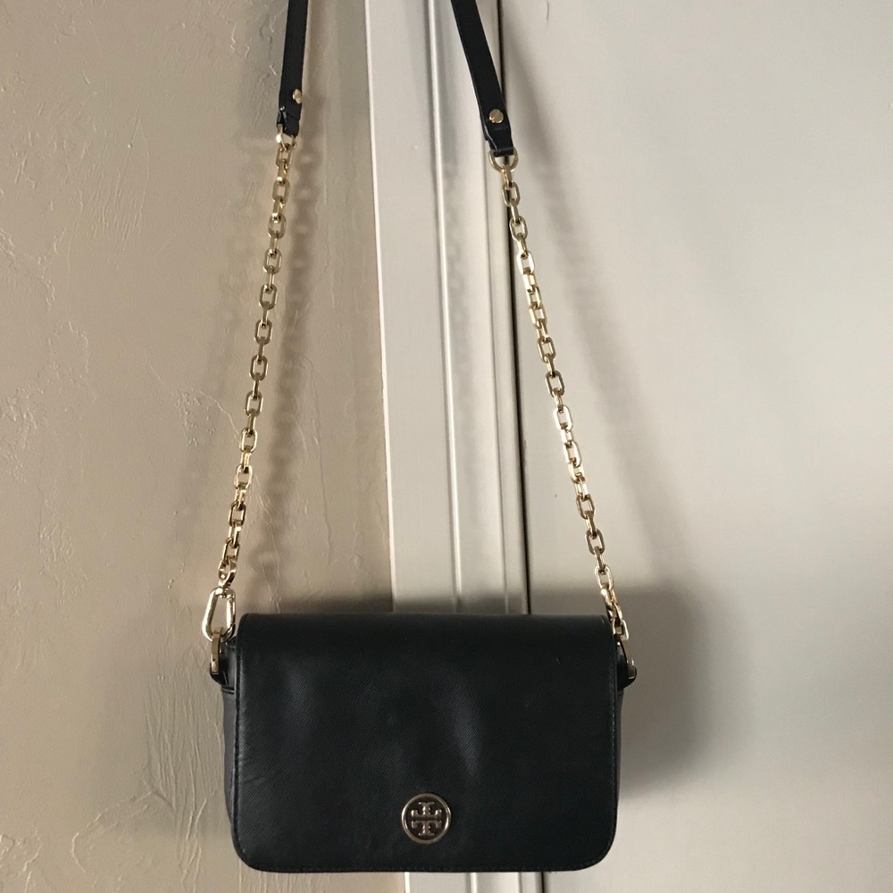 Tory Burch Black Leather Crossbody with Gold Chain